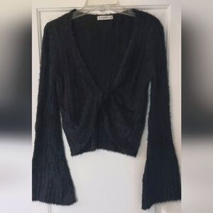 O. Vianca Black Twist Front Fuzzy Knit Sweater w/ Long Bell Sleeves Size…